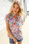Beautiful You Ivory Floral Print Notch Neck Puff Short Sleeve Top