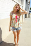 Be Charming Sage Floral Print Elastic Neck Ribbon Bow Tie Top