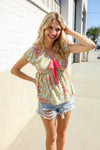 Be Charming Sage Floral Print Elastic Neck Ribbon Bow Tie Top