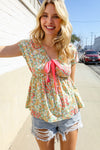 Be Charming Sage Floral Print Elastic Neck Ribbon Bow Tie Top