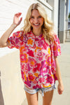 Perfectly You Fuchsia Big Floral Frill Neck Back Button Blouse