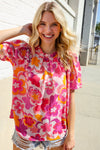 Perfectly You Fuchsia Big Floral Frill Neck Back Button Blouse