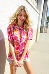 Perfectly You Fuchsia Big Floral Frill Neck Back Button Blouse