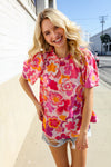 Perfectly You Fuchsia Big Floral Frill Neck Back Button Blouse