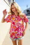 Perfectly You Fuchsia Big Floral Frill Neck Back Button Blouse