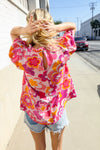 Perfectly You Fuchsia Big Floral Frill Neck Back Button Blouse