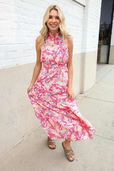 Sunny Days Abstract Print Smocked High Neck Sleeveless Maxi