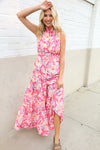 Sunny Days Abstract Print Smocked High Neck Sleeveless Maxi