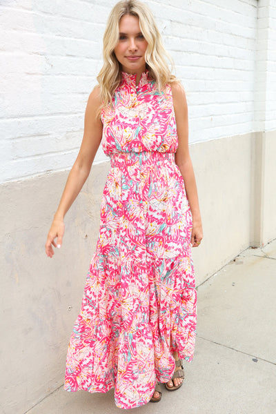 Sunny Days Abstract Print Smocked High Neck Sleeveless Maxi