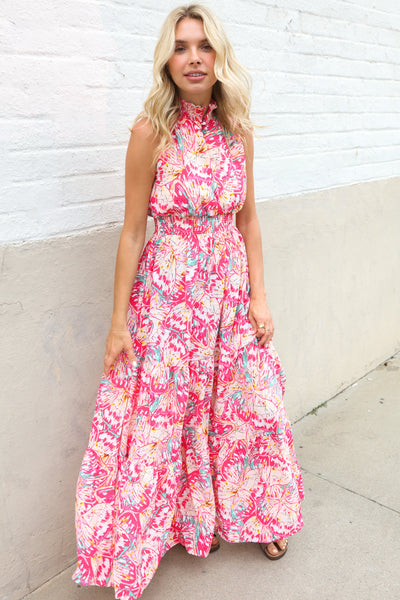 Sunny Days Abstract Print Smocked High Neck Sleeveless Maxi