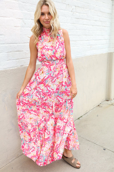 Sunny Days Abstract Print Smocked High Neck Sleeveless Maxi
