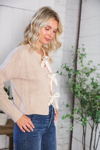 Fall Flirtations Bow Cable Knit Cardigan