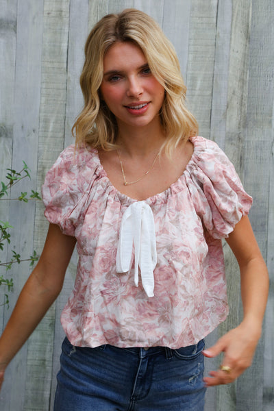 Feeling Femme' Blush Scoop Neck Bubble Sleeve Floral Top w/Bow