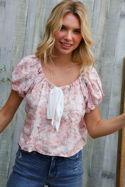 Feeling Femme' Blush Scoop Neck Bubble Sleeve Floral Top w/Bow