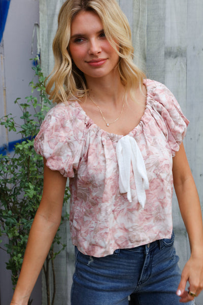 Feeling Femme' Blush Scoop Neck Bubble Sleeve Floral Top w/Bow
