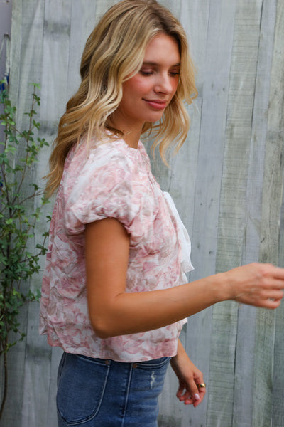 Feeling Femme' Blush Scoop Neck Bubble Sleeve Floral Top w/Bow