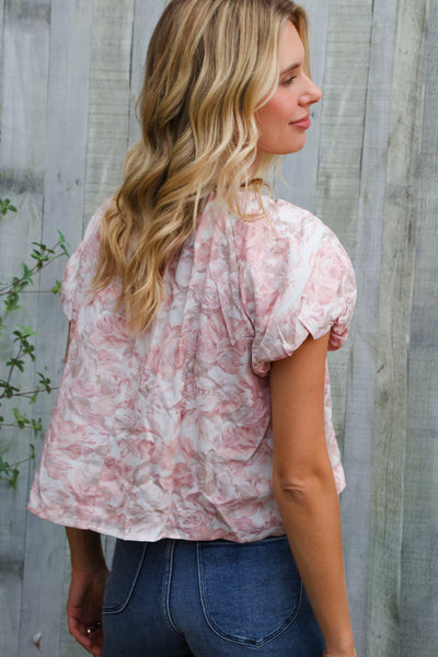 Feeling Femme' Blush Scoop Neck Bubble Sleeve Floral Top w/Bow