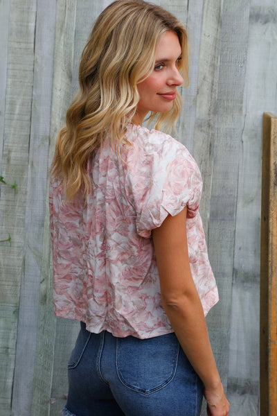Feeling Femme' Blush Scoop Neck Bubble Sleeve Floral Top w/Bow