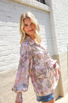 Diva Dreams Amaranth Floral Smocked Long Sleeve Notch Neck Blouse