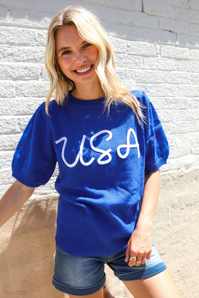 Patriotic USA Blue Knit Embroidery Puff Sleeve Sweater Top