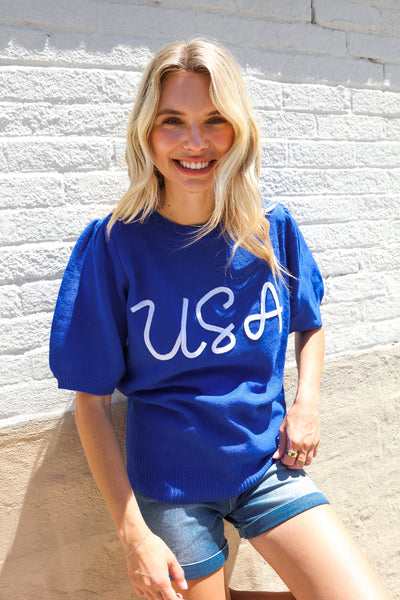 Patriotic USA Blue Knit Embroidery Puff Sleeve Sweater Top