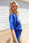 Patriotic USA Blue Knit Embroidery Puff Sleeve Sweater Top