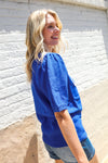 Patriotic USA Blue Knit Embroidery Puff Sleeve Sweater Top
