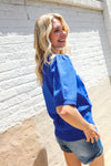 Patriotic USA Blue Knit Embroidery Puff Sleeve Sweater Top