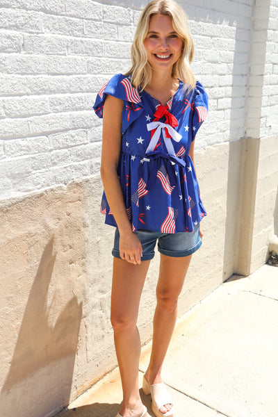 American Flag Blue & Red Stars & Bow Print Woven Top