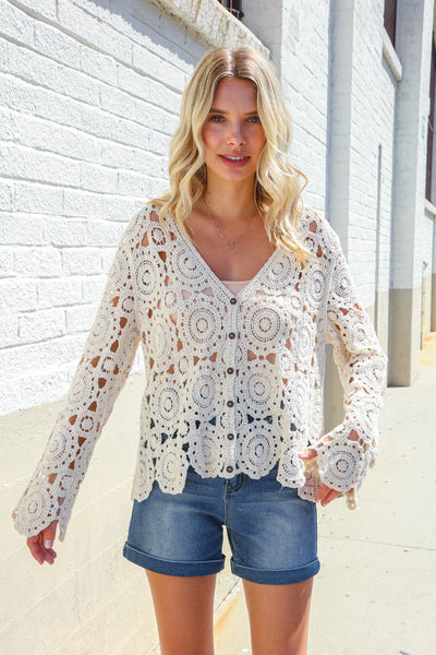 Boho Romance Ivory Hand Crochet Patchwork Scalloped Cardigan