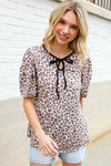 Everyday Animal Print Collar Notch Front Tie Knit Top