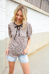 Everyday Animal Print Collar Notch Front Tie Knit Top