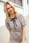 Everyday Animal Print Collar Notch Front Tie Knit Top