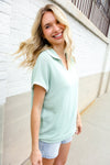 Weekend Ready Sage Collar Notch Neck Waffle Knit Top