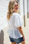 Feeling Femme White Cotton Eyelet Babydoll Button Down Top