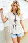 Casual Chic Oatmeal Bow Tie Folded Puff Sleeve Babydoll Top