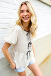 Casual Chic Oatmeal Bow Tie Folded Puff Sleeve Babydoll Top