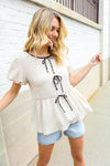 Casual Chic Oatmeal Bow Tie Folded Puff Sleeve Babydoll Top