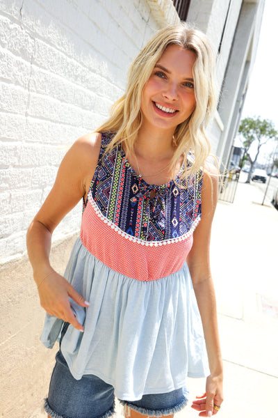 Vacay Vibes Coral/Blue Boho Print Color Block Sleeveless Top