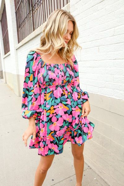 Beautiful You Floral Smocked Square Neck Ruffle Frill Dress