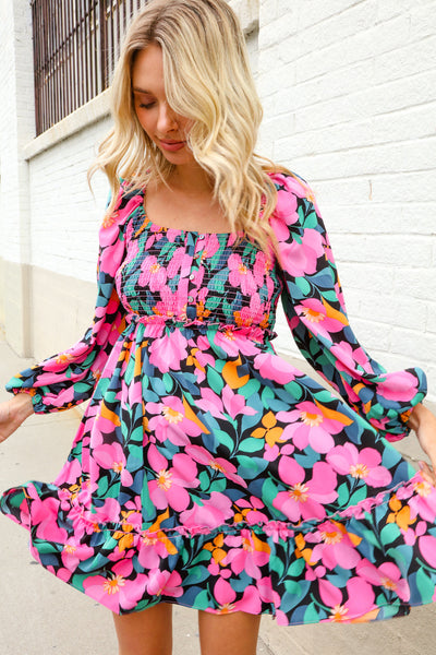 Beautiful You Floral Smocked Square Neck Ruffle Frill Dress