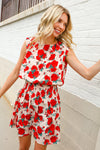 Whimsical in Red Floral Print Sleeveless Smocked Waist Dress