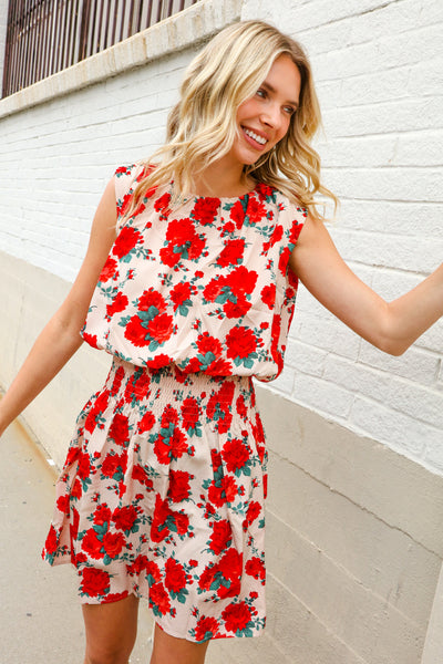Whimsical in Red Floral Print Sleeveless Smocked Waist Dress