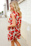 Whimsical in Red Floral Print Sleeveless Smocked Waist Dress