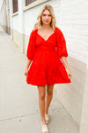 Love Found Red Crepe Sweetheart Wrap Yoke Puff Sleeve Lined Dress