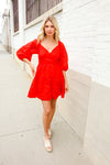 Love Found Red Crepe Sweetheart Wrap Yoke Puff Sleeve Lined Dress