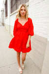 Love Found Red Crepe Sweetheart Wrap Yoke Puff Sleeve Lined Dress