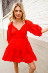 Love Found Red Crepe Sweetheart Wrap Yoke Puff Sleeve Lined Dress