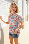 Beautiful You Ivory Floral Print Notch Neck Puff Short Sleeve Top