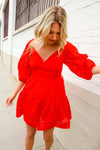 Love Found Red Crepe Sweetheart Wrap Yoke Puff Sleeve Lined Dress